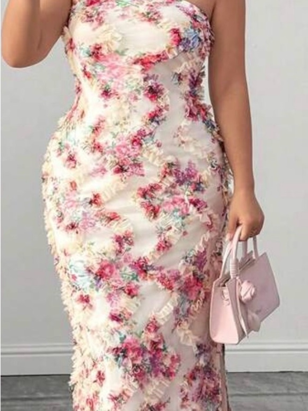 SHEIN Strapless Floral Bodycon Dress in Cream and Pink Accents